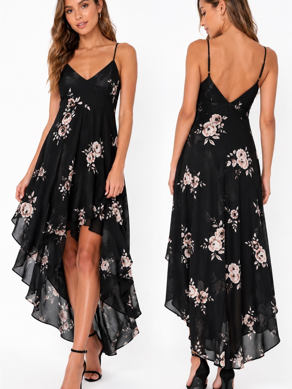 Lulu's Black Asymmetrical Slip Dress Blush Floral Print Size S NWT - Picture 1 of 10